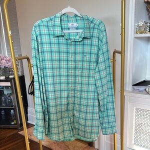 Southern Tide Aqua and White Plaid Shirt
